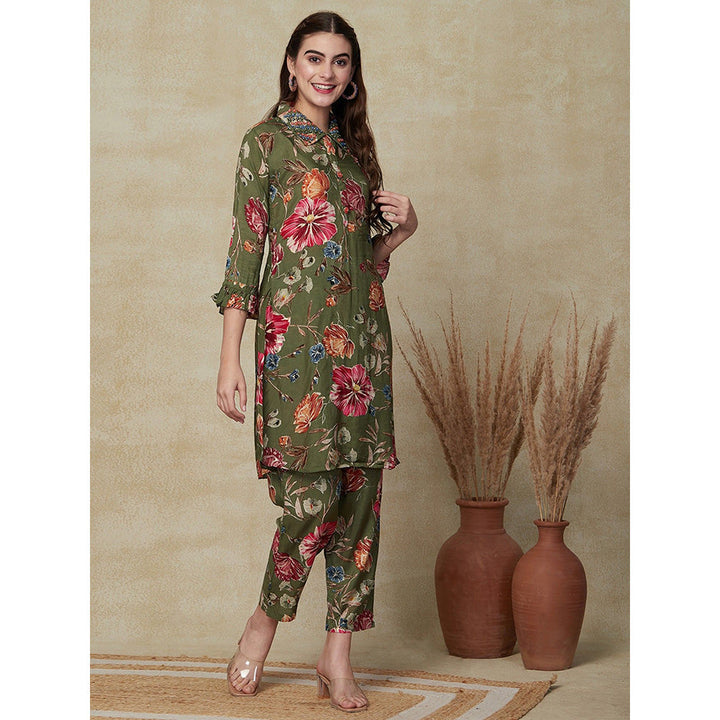 FASHOR Olive Floral Printed Kurta with Pants (Set of 2)