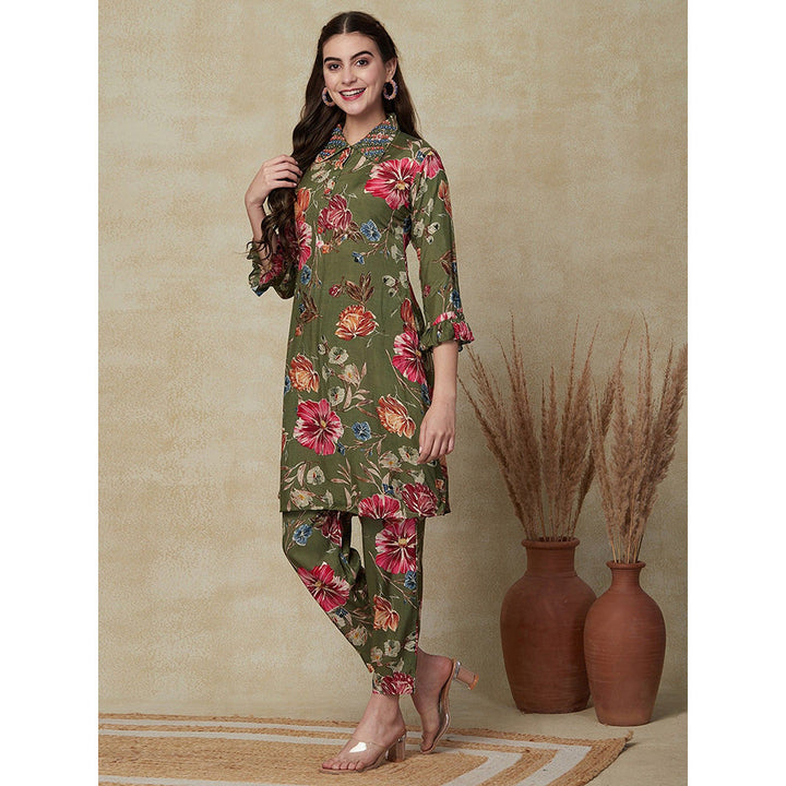 FASHOR Olive Floral Printed Kurta with Pants (Set of 2)