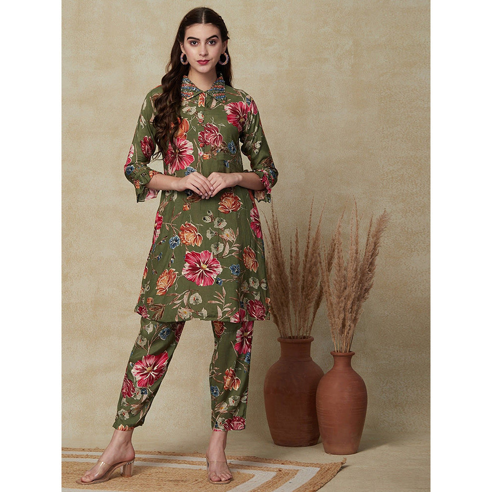 FASHOR Olive Floral Printed Kurta with Pants (Set of 2)