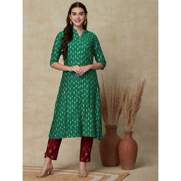 FASHOR Geometric & Ethnic Foil Printed kurta - Green