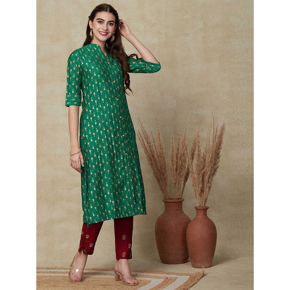 FASHOR Geometric & Ethnic Foil Printed kurta - Green