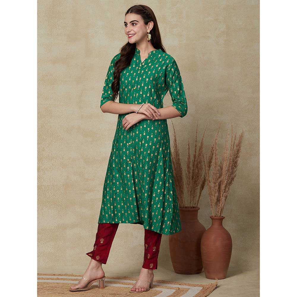 FASHOR Geometric & Ethnic Foil Printed kurta - Green