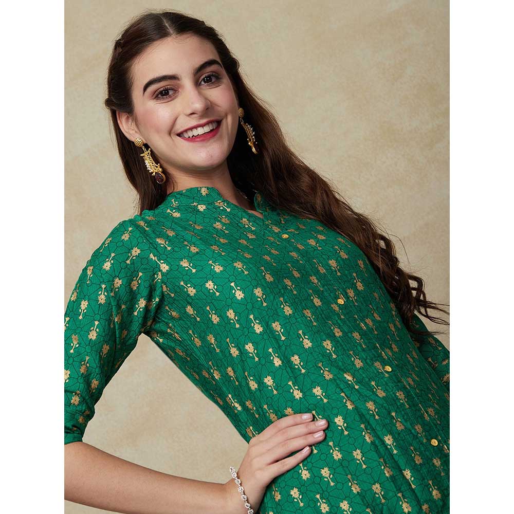 FASHOR Geometric & Ethnic Foil Printed kurta - Green