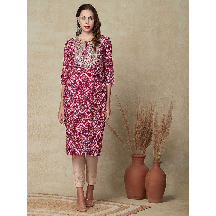 FASHOR Bandhani Printed Embroidered Kurta - Magenta