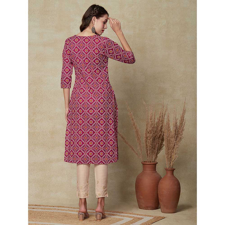 FASHOR Bandhani Printed Embroidered Kurta - Magenta