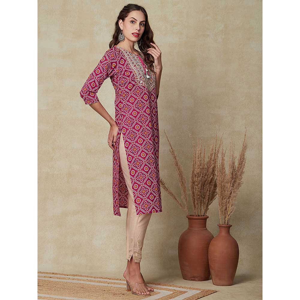 FASHOR Bandhani Printed Embroidered Kurta - Magenta