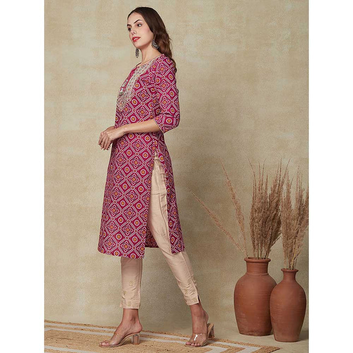 FASHOR Bandhani Printed Embroidered Kurta - Magenta