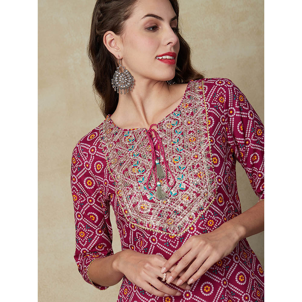 FASHOR Bandhani Printed Embroidered Kurta - Magenta