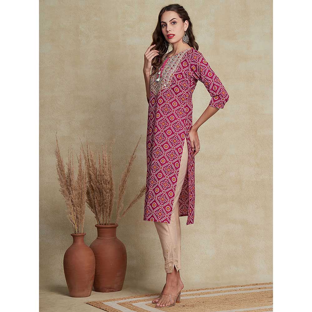 FASHOR Bandhani Printed Embroidered Kurta - Magenta