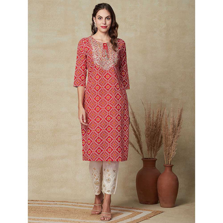 FASHOR Bandhani Printed Embroidered Kurta - Red