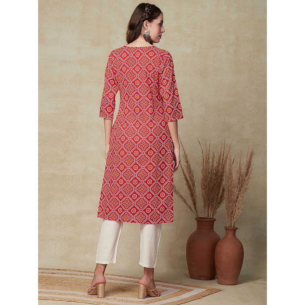 FASHOR Bandhani Printed Embroidered Kurta - Red