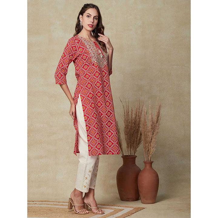 FASHOR Bandhani Printed Embroidered Kurta - Red