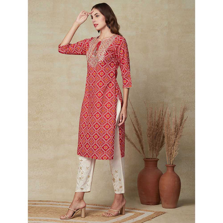 FASHOR Bandhani Printed Embroidered Kurta - Red