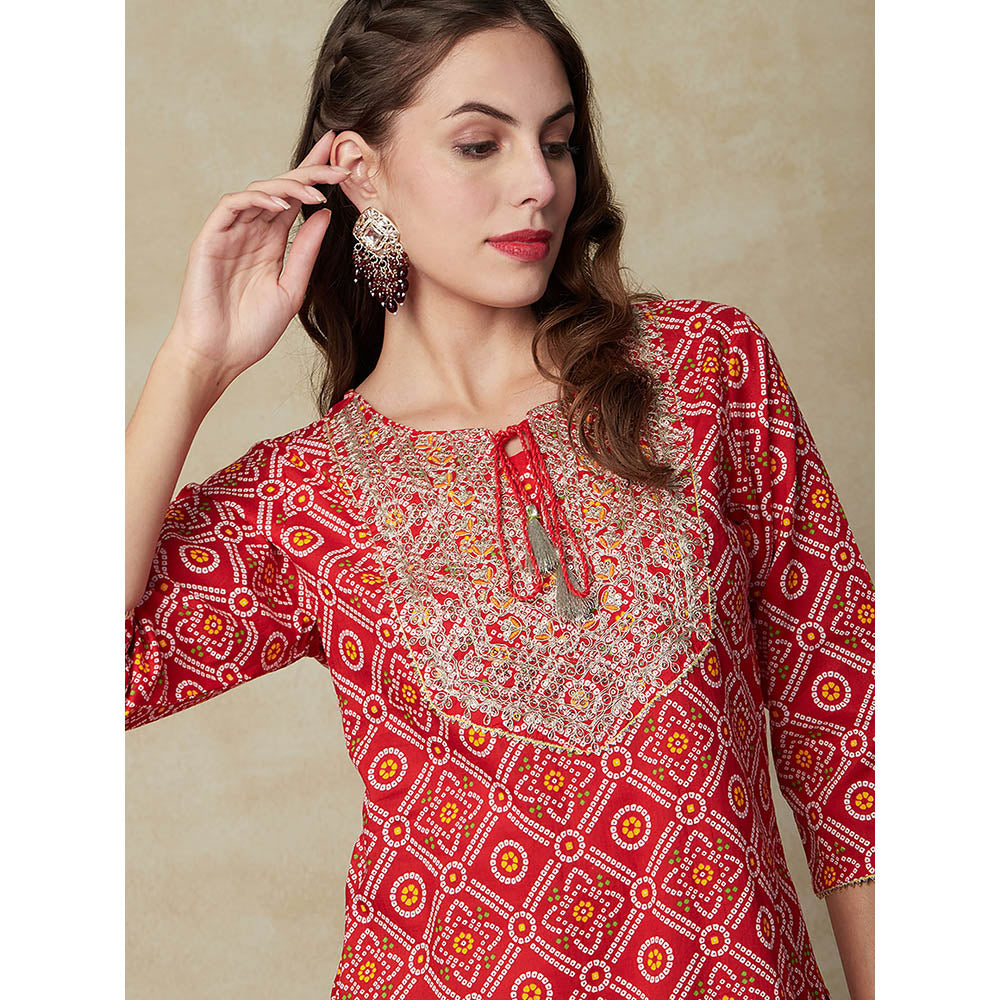 FASHOR Bandhani Printed Embroidered Kurta - Red