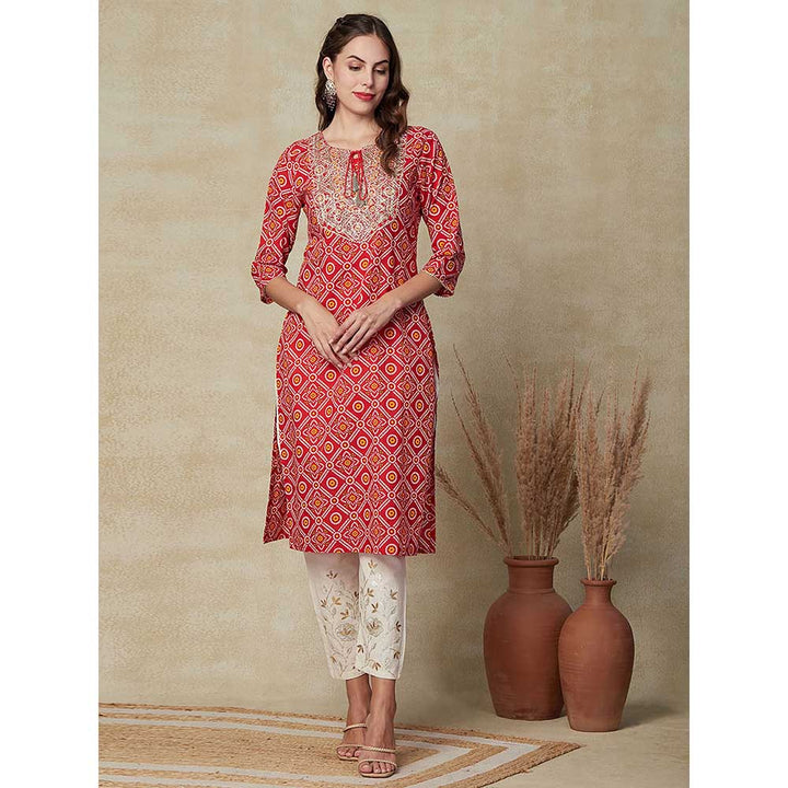 FASHOR Bandhani Printed Embroidered Kurta - Red