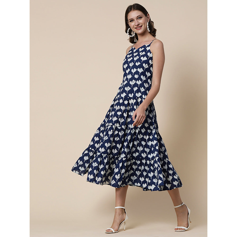 FASHOR Ethnic Floral Printed Midi Dress - Blue