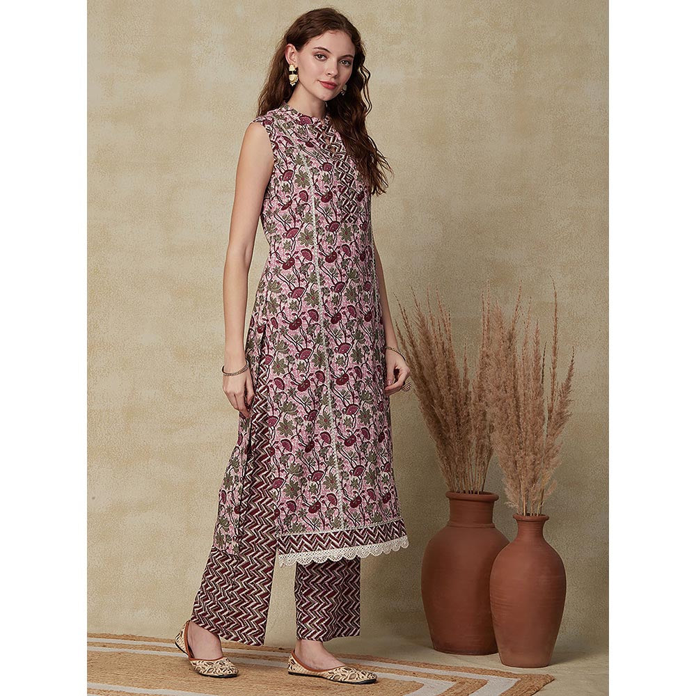 FASHOR Ethnic Floral Printed Kurta with Palazzo - Purple (Set of 2)