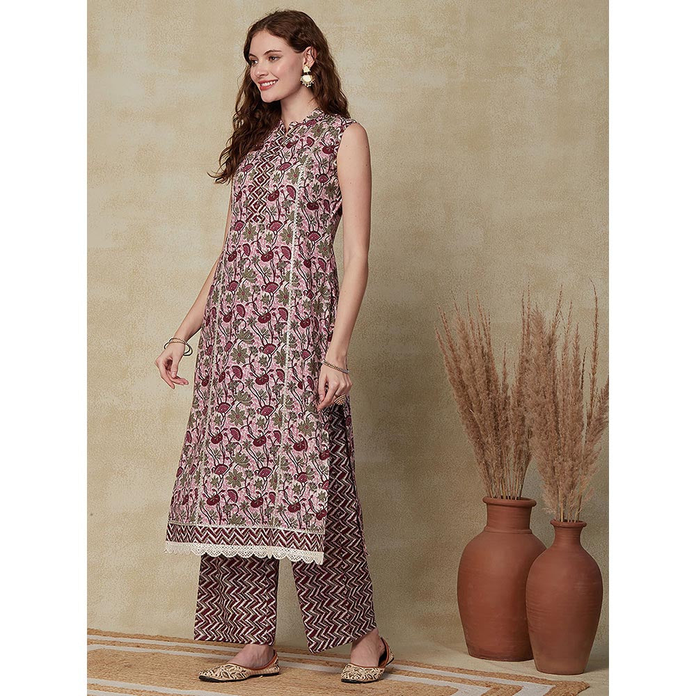 FASHOR Ethnic Floral Printed Kurta with Palazzo - Purple (Set of 2)