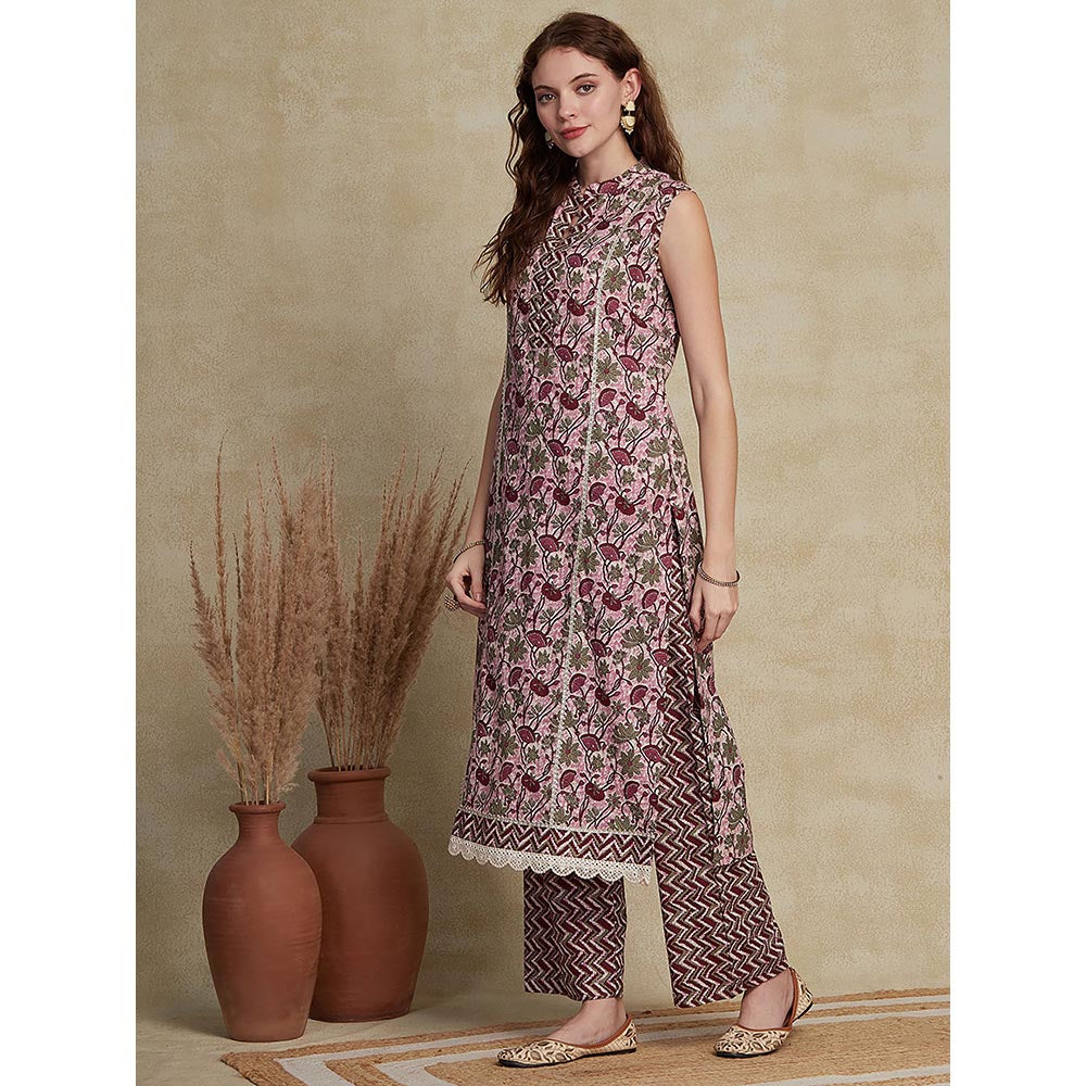 FASHOR Ethnic Floral Printed Kurta with Palazzo - Purple (Set of 2)