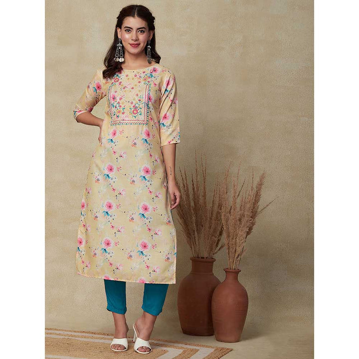 FASHOR Printed & Chikankari Embroidered Kurta - Yellow