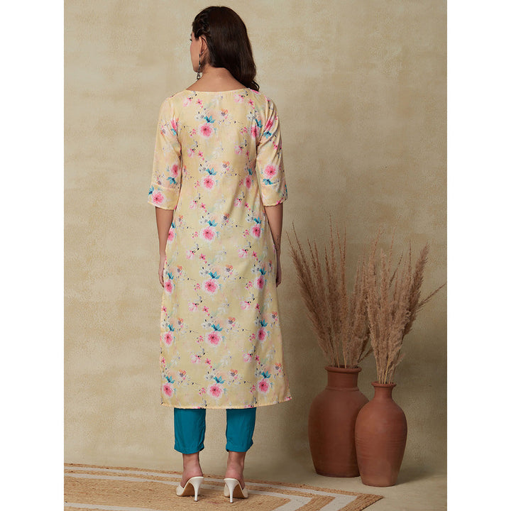 FASHOR Printed & Chikankari Embroidered Kurta - Yellow