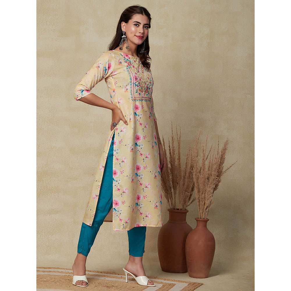 FASHOR Printed & Chikankari Embroidered Kurta - Yellow