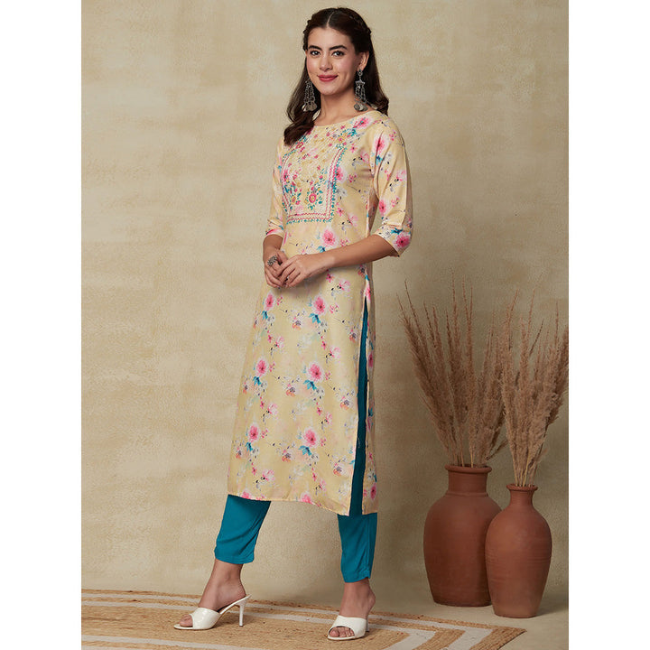 FASHOR Printed & Chikankari Embroidered Kurta - Yellow