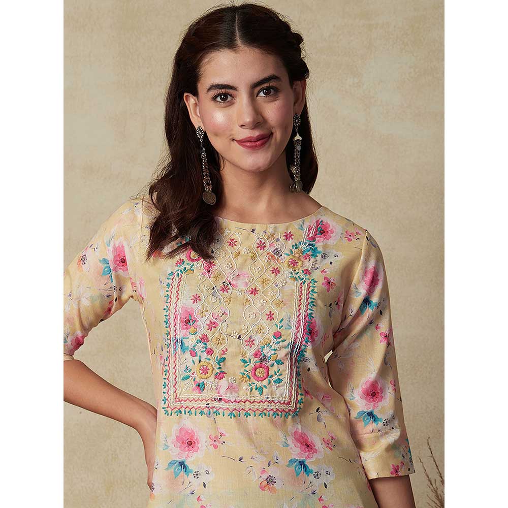 FASHOR Printed & Chikankari Embroidered Kurta - Yellow