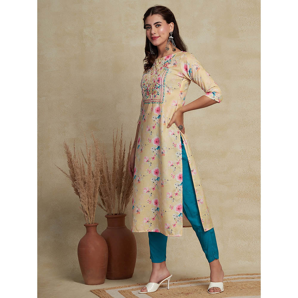 FASHOR Printed & Chikankari Embroidered Kurta - Yellow