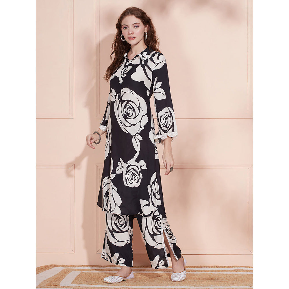 FASHOR Abstract Floral Kurta with Palazzo - Black (Set of 2)