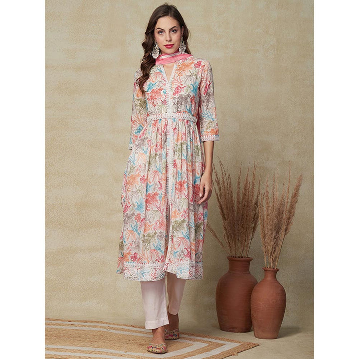 FASHOR Printed Kurta with Pants & Dupatta - Multi & Pink