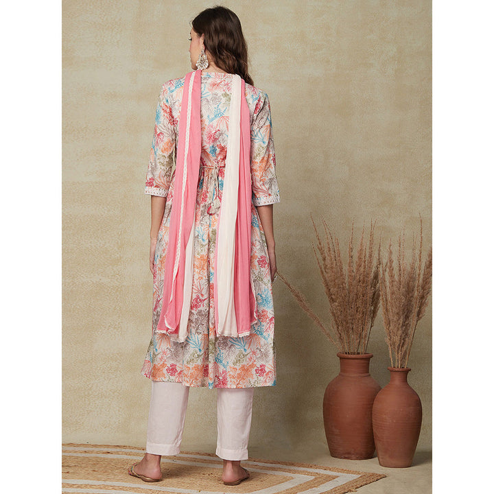 FASHOR Printed Kurta with Pants & Dupatta - Multi & Pink