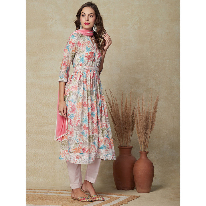 FASHOR Printed Kurta with Pants & Dupatta - Multi & Pink