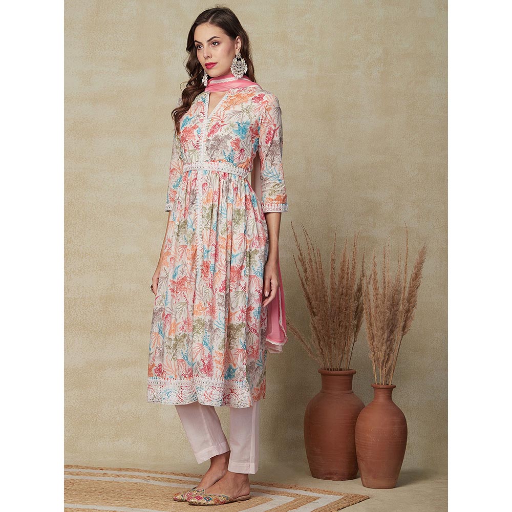 FASHOR Printed Kurta with Pants & Dupatta - Multi & Pink