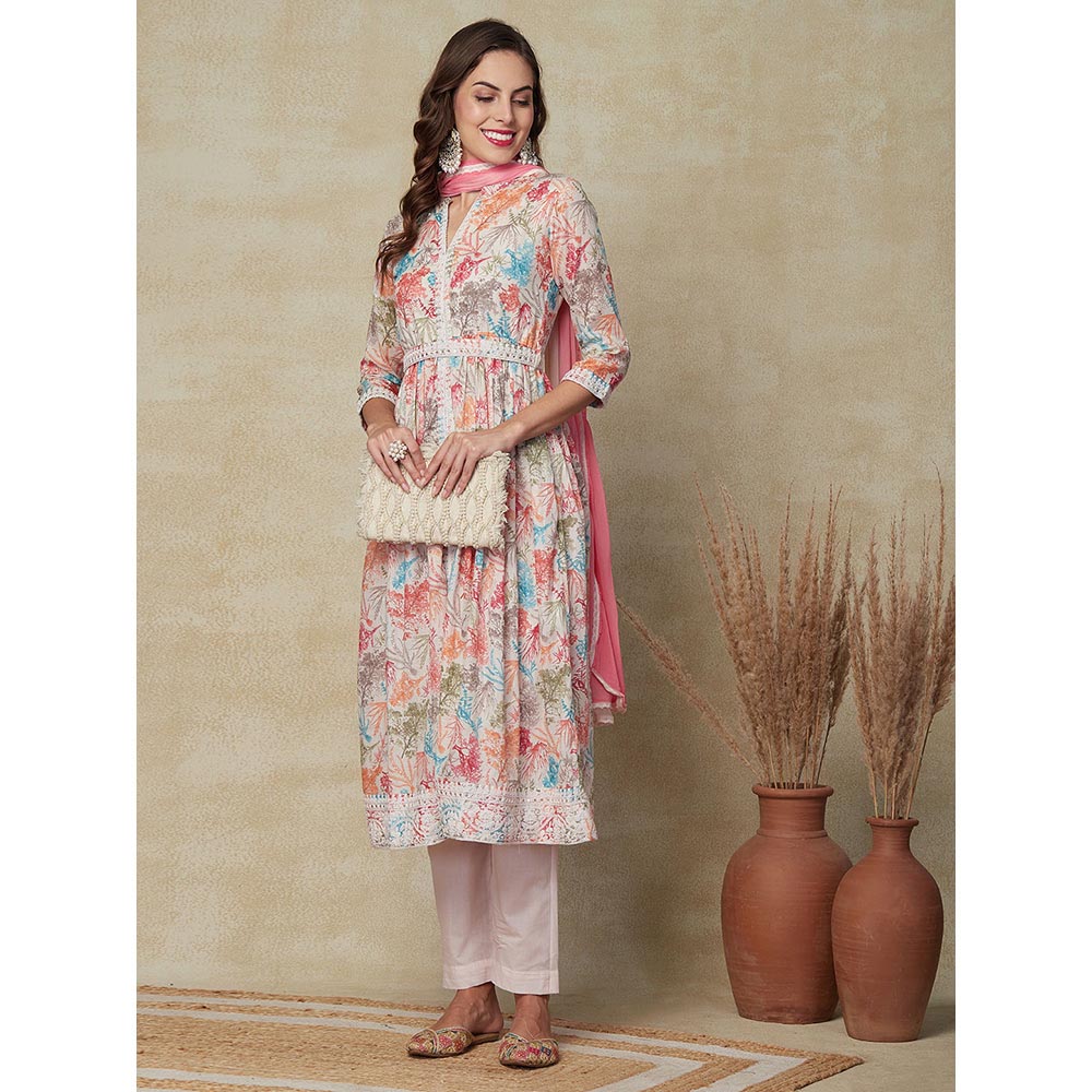 FASHOR Printed Kurta with Pants & Dupatta - Multi & Pink