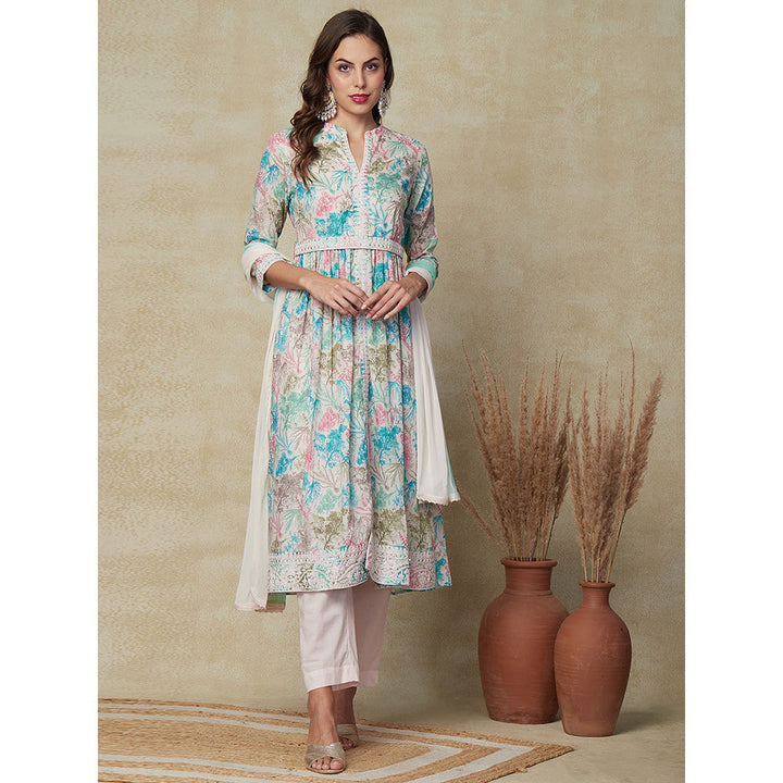 FASHOR Printed Kurta with Pants & Dupatta - Multi & Green