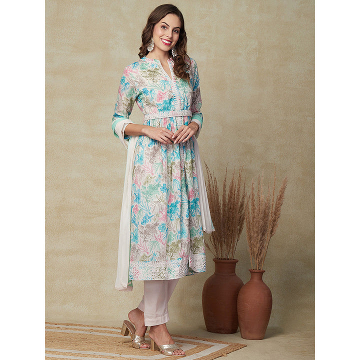 FASHOR Printed Kurta with Pants & Dupatta - Multi & Green