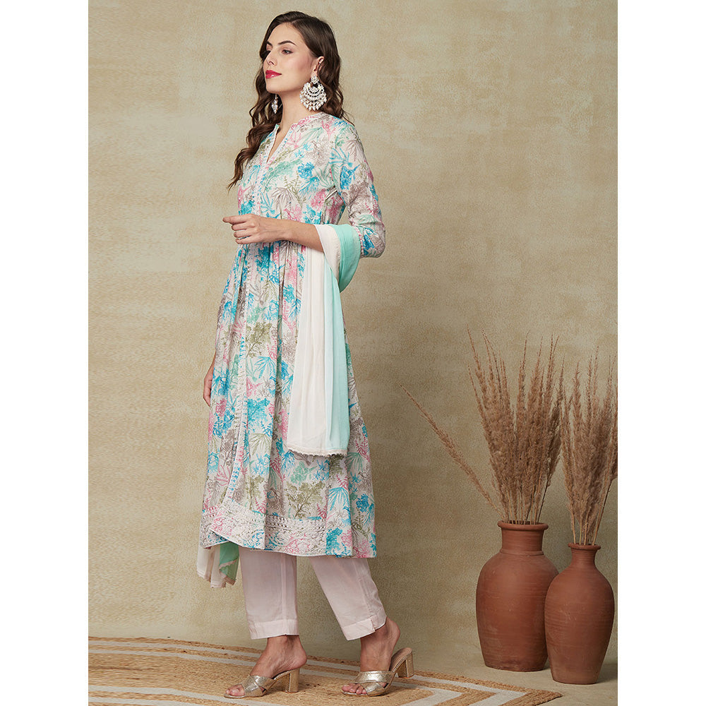 FASHOR Printed Kurta with Pants & Dupatta - Multi & Green