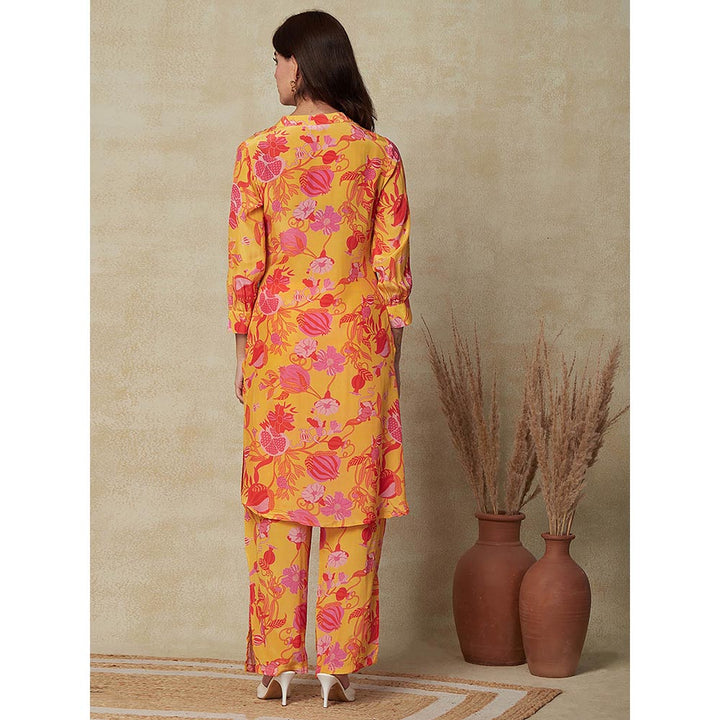 FASHOR Floral Printed Straight Fit Kurta with Pant - Yellow (Set of 2)