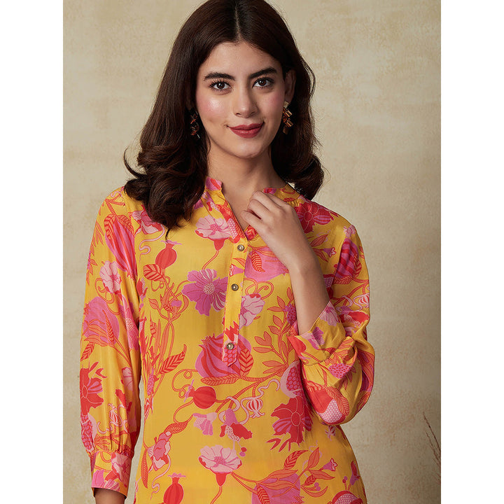 FASHOR Floral Printed Straight Fit Kurta with Pant - Yellow (Set of 2)