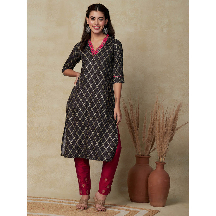 FASHOR Geometric Foil Printed Straight Fit Kurta - Black