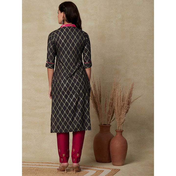 FASHOR Geometric Foil Printed Straight Fit Kurta - Black