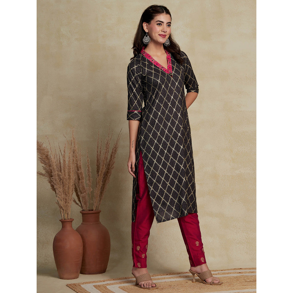 FASHOR Geometric Foil Printed Straight Fit Kurta - Black