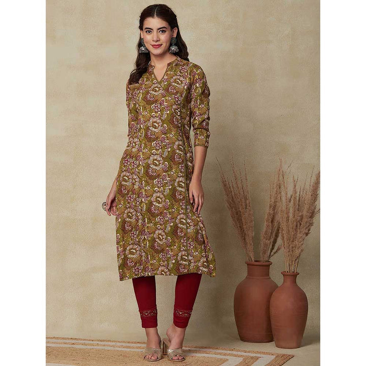 FASHOR Floral Printed Embroidered Kurta - Mustard Green