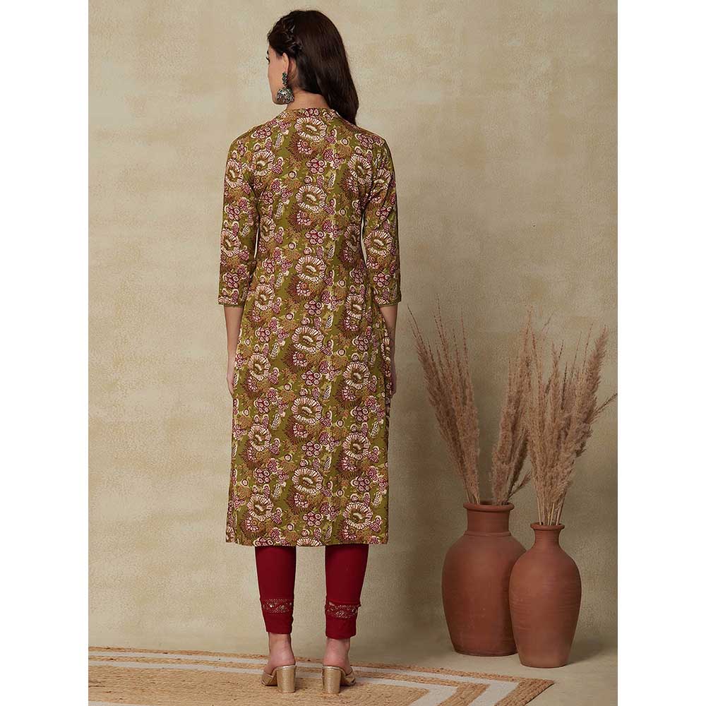 FASHOR Floral Printed Embroidered Kurta - Mustard Green