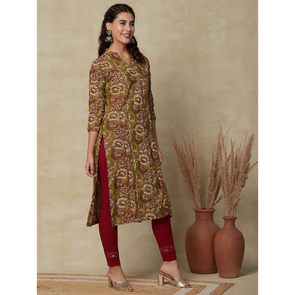 FASHOR Floral Printed Embroidered Kurta - Mustard Green