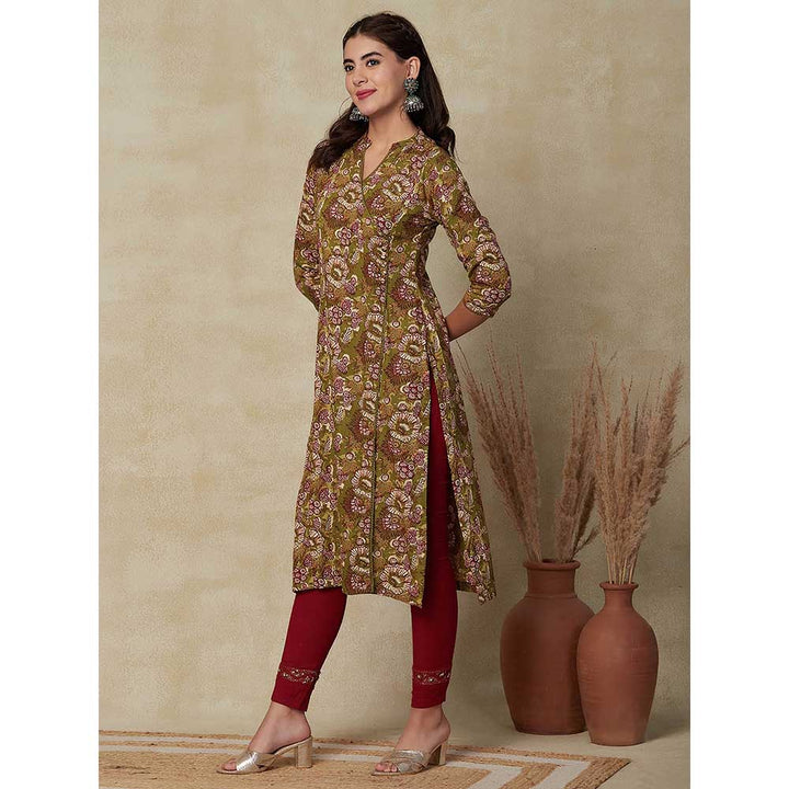 FASHOR Floral Printed Embroidered Kurta - Mustard Green