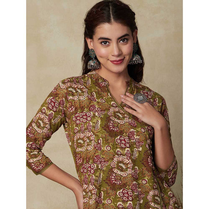 FASHOR Floral Printed Embroidered Kurta - Mustard Green