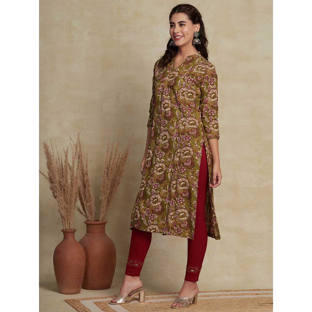 FASHOR Floral Printed Embroidered Kurta - Mustard Green