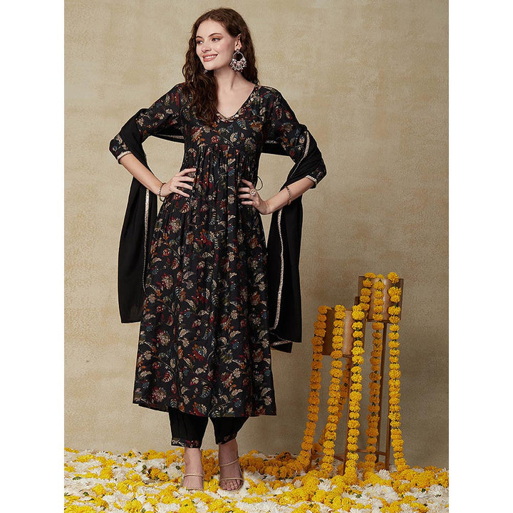 FASHOR Printed Kurta with Pant & Dupatta - Black (Set of 3)